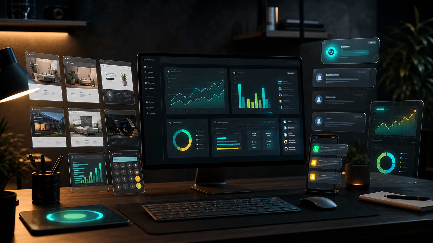 A modern AI business tools command center with dashboards, website cards, calculators, SEO graphs, and lead alerts